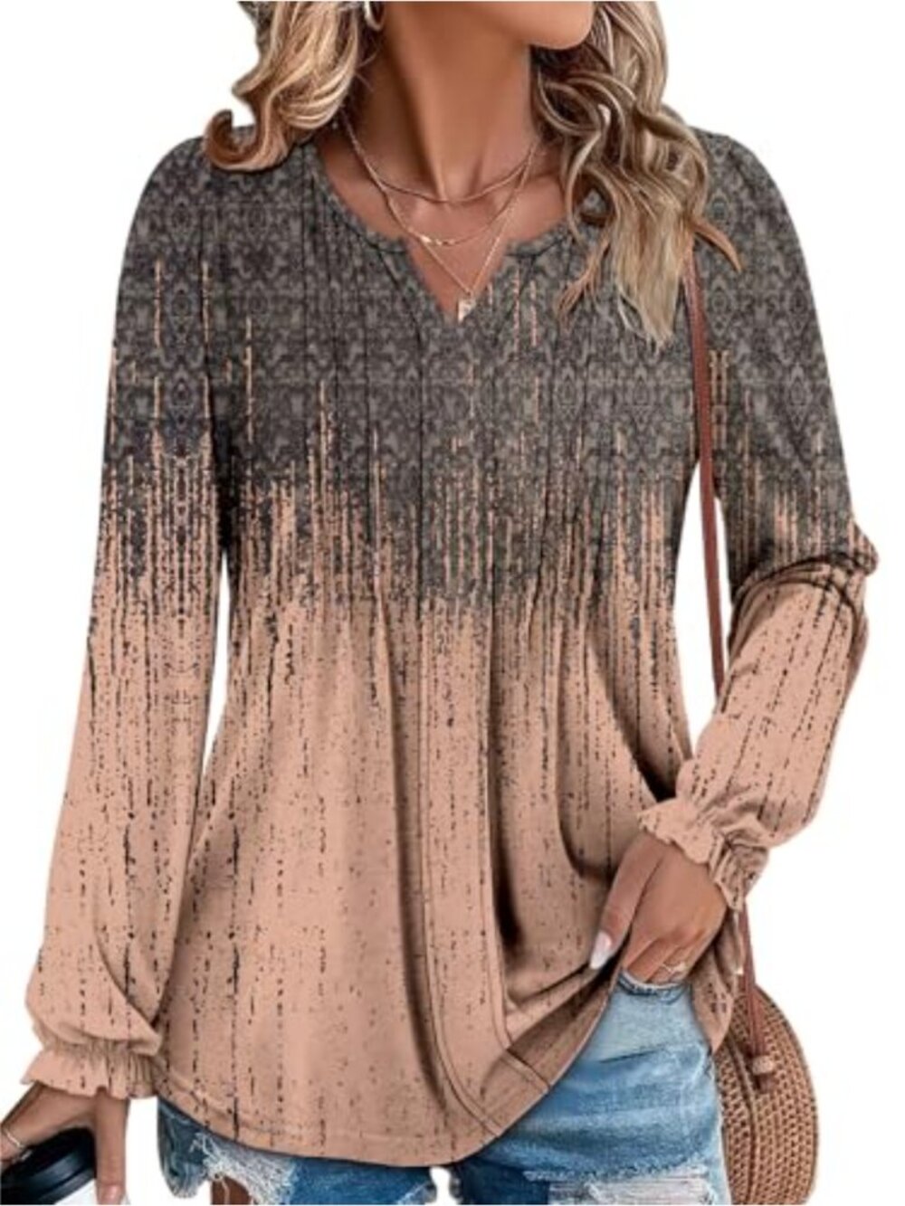 Womens Tunic Top V Neck Puff Long Sleeve Pleated Blouse Work Dressy